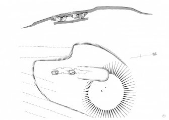 RCAHMS publication drawing; Earnagream, Canna, souterrain and mound: plan and section. 

