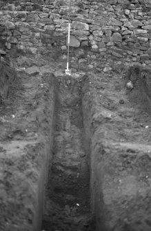 Excavation photograph : trench G, detail, "burgh wall" and natural sand, looking north.