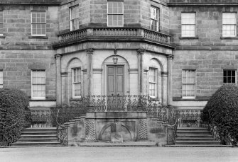 View of sundial and entrance stair on N front of Ravelston House, Edinburgh.