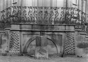 Detail of sundial and entrance stair on N front of Ravelston House, Edinburgh.