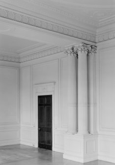 Interior view of Ravelston House, Edinburgh, showing plasterwork, columns and doorway in dining room.