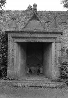 View of fireplace in the W wall of garden of Ravelston House, Edinburgh.