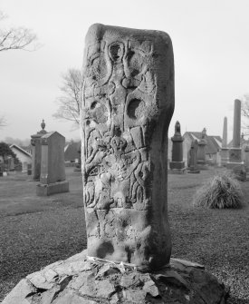 View of rear of cross slab at Corsewall House, moved from Kilmorie Chapel.