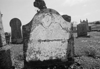 View of gravestone for George Stobie, 1766, in the churchyard of Madderty Parish Church.