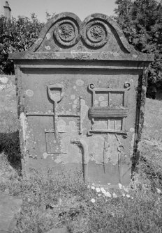 View of gravestone for Peter Graham who died 1808, in the churchyard of Comrie Old Parish Church. 