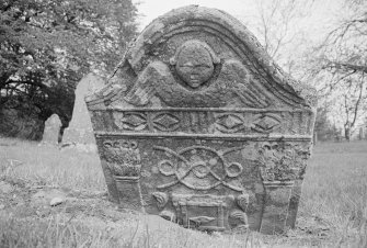 Detail of gravestone for John Miller, 1783, in the churchyard of Cambusmichael church.