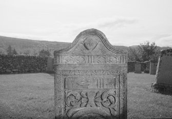View of gravestone for James Douglas, 1782, in the churchyard of St Anne's Church, Dowally.