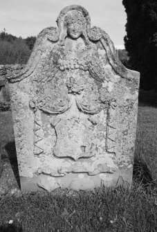 View of gravestone for Kathren Reid, 1791, in the churchyard of St Anne's Church, Dowally.