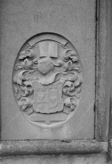 Detail of mural monument to George Hamilton dated 1677, in the churchyard of Pittenweem Parish Church.