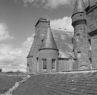 General view of roof and turrets, Aldbar Castle.