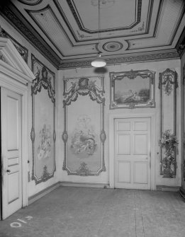 Interior view of Fordell House showing room with painted panels and ceiling at first floor centre front.
