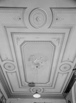 Interior view of Fordell House showing detail of painted ceiling in room at first floor centre front.