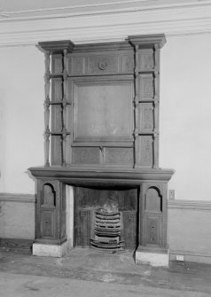 Interior view of Fordell House showing detail of chimney piece at ground floor front.