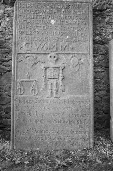 View of gravestone for George Wighton dated 1703, in the churchyard of Coupar Angus Abbey Church.