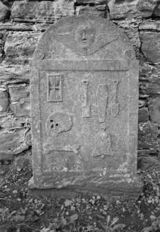 View of gravestone for William Sutar dated 1804, in the churchyard of Coupar Angus Abbey Church.