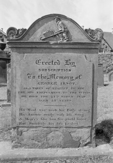 View of gravestone for George Arnot dated 1850, in the churchyard of Burntisland Parish Church.