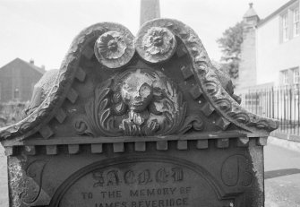 View of east face of gravestone for James Beveridge dated 1849, in the churchyard of Burntisland Parish Church.