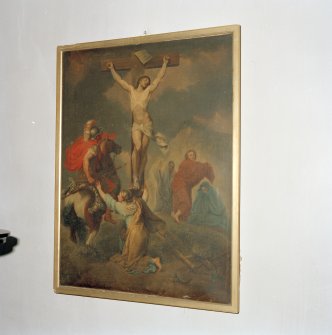 Interior.  Detail of painting of Christ on the Cross.