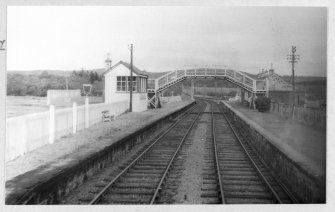Grantown-on-Spey, station
View along track of footbridge and signal box