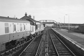 View of platform and footbridge, Georgemas Junction Station, from W.