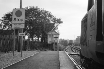 View of south signal box, Brora Station, from station platform.