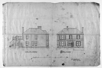 Edinburgh, 12 Ettrick Road, Bemersyde.
Photographic copy of South side elevation and front elevation.
Scale: 1/8" : 1'. Pen and colour wash.