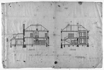 Edinburgh, 12 Ettrick Road, Bemersyde.
Photographic copy of  drawing of section AB and section CD.
Scale: 1/8" : 1'. Pen and colour wash.