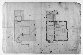 Edinburgh, 12 Ettrick Road, Bemersyde.
Photographic copy of upper floor plan and roof plan.
Scale: 1/8" : 1'. Pen and colour wash.