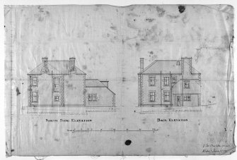 Edinburgh, 12 Ettrick Road, Bemersyde.
Photographic copy of drawing of North side elevation and back elevation.
Scale: 1/8" : 1'. Pen and colour wash