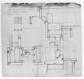 Edinburgh, 12 Ettrick Road, Bemersyde.
Photographic copy of details of dormer windows, elevation, section, plan.
Scale: 1/2": 1' and Full Scale. Pencil, crayon on tracing paper.