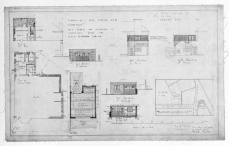 Edinburgh, 12 Ettrick Road, Bemersyde.
Photographic copy of drawing of new garage and alterations to chauffeur's house, block plan, plan at ground floor, plan at first floor, west elevation of house, South elevation of house, Sectin AA, Plan of garage, West elevation of garage, Section AA of garage.
Scale: 1/8" : 1'. Pencil, pen and colour wash on tracing paper