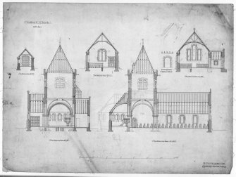 Photographic copy of sections including details of entrance door, door to transept, tower, door joinery, roof apse, and pulpit