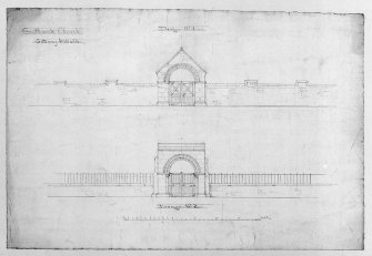 Photographic copy of details, including gates and wall.