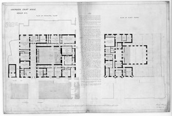 Photographic copy of sketch plans, plans and sections of preliminary designs for proposed new court house and for adapting existing court house.
