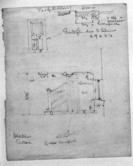 Photographic copy of sketch plans, elevations, details and list taken from note book, door panel details.