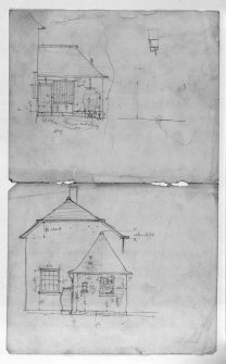 Photographic copy of sketch plans, elevations, details and list taken from note book, elevations of extension.