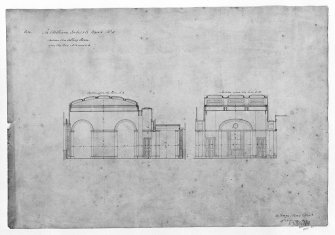 Photographic copy of section through telling room with measurements, pen and wash.
Signed "W. Burn 131 George Street".