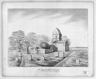 Photographic copy of drawing showing view of old Church and Churchyard from the S.
Insc: 'South view of Old Church at Lasswade, sketched from nature by Alex. Archer. 1839'.