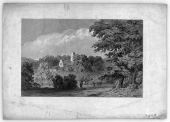 Photographic copy of drawing showing general view with river, houses and man fishing.