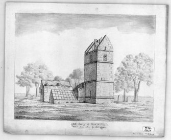 Photographic copy of drawing showing view of old Church and Churchyard from the North.
Insc. 'North view of Old Church at Lasswade, sketched from nature by Alex. Archer. 1839'.