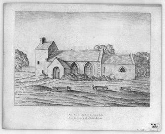 Photographic copy of drawing showing view from SE.
Titled: 'Stobo Church, Stobo Parish, 7 miles from Peebles.'  'Drawn from nature by A. Archer.  June 1836.'