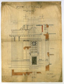 Perth, City Hall.
Photographic copy of plan, roof plan, elevation and section of entrance to back gallery.