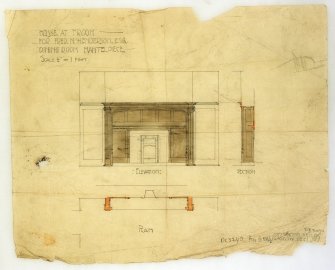 Photographic copy of drawing showing elevation and section of dining room mantle of house for Fred N Henderson.