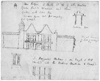 Edinburgh, Cramond Road South, Lauriston Castle.
Photographic copy of sketch of Burn's North front with proposed alterations.
Pen and ink.
