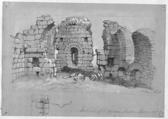 Photographic copy of a view of ruins of St Helen's Chapel.
