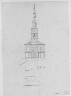Photographic copy of drawing showing elevation and strip plan.
Preparatory drawing for 'Tolbooths and Town-Houses', RCAHMS, 1996.
Original drawing signed: 'HLS'
