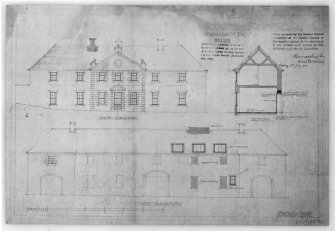 Photographic copy of drawing of proposed alterations to elevations of steading.
Insc: 'Touch House, Stirlingshire, Proposed Alterations to Steading', 'South Elevation', West Elevation', 'Section', 'Lorimer and Matthew, 17 Gt Stuart Street, Edinburgh, 19/4/28'.