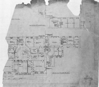 Photographic copy of drawing of basement floor plan and ground floor plan.
Insc: '[......] Basement Plans', 'Basement Floor Plan', 'Ground Floor Plan', 'Lorimer and Matthew, 17 Gt. Stuart Street, Edinburgh, 3/3/28'.
