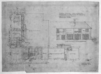 Photographic copy of drawing showing ground floor plan of proposed alterations to steading.
Insc: 'Touch House, Stirlingshire, Proposed Alterations to Steading, Ground Floor Plan', 'North Elevation Inside Courtyard', 'Lorimer and Matthew, 17 Gt Stuart Street, Edinburgh, 19/4/28'.