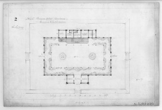 Photographic copy of ground plan.
West Princes Street Gardens, Sheet 2 of set of 3 drawings of alternative design for Winter Garden
Unsigned. Pencil and colourwash. Scale 1":16'. Size 490 x 330.